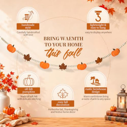 6.8 FT Fall Pumpkin Garland with Maple Leaves and Wood Beads, Autumn Decor - color: Pumpkin