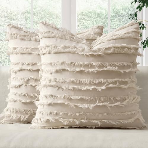 MIULEE Boho Linen Striped Throw Pillow Covers 20x20, Neutral Beige - color: Natural Beige, size: 20" x 20" (Pack of 2)