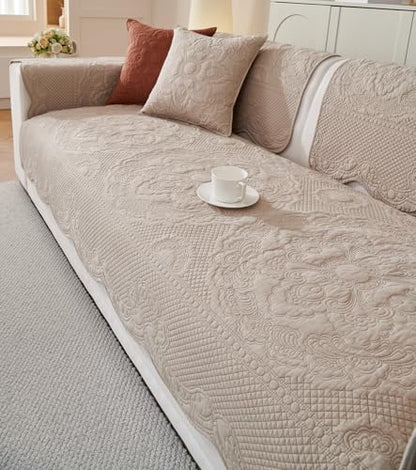 vctops Boho Cotton Quilted Couch Cover Soft Embroidered Sofa Cover Non-Slip Dog Bed Cover Scalloped Sofa Slipcover Washable Furniture Protector Cover (Khaki,28"x59") - color: Khaki, size: 1pc/28"x59"/Rectangular