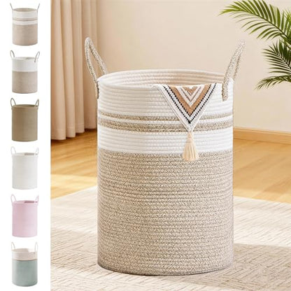 100L Extra Large Tall Cotton Rope Laundry Basket with Handle, White & Brown - color: Brown & White, size: 100L