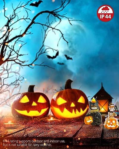iStatue Halloween Decorations Indoor, 2-Pack Resin Black Cat & Skeleton on Pumpkin with Jack-o’-Lantern Lights Gift for Fireplace Tabletop Party Tiered Tray Decor (Skeleton & Cat)