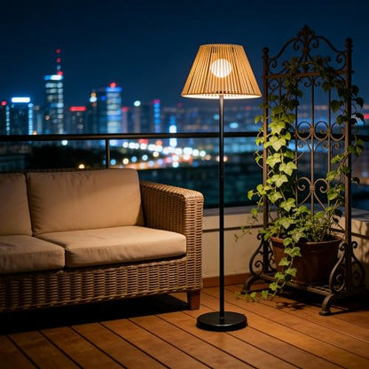 Solar Outdoor Floor Lamp with Rattan Shade, Adjustable Height