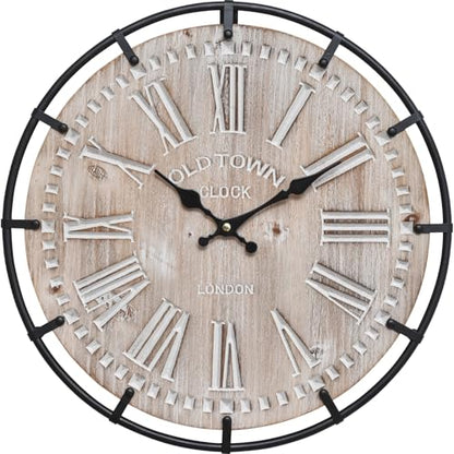 EMAX HOME 12 Inch Farmhouse Wall Clock Rustic Antique Wood with Metal Circle and Large Engraved Numerals, Silent Battery Operated Wall Clock for Office Kitchen Bedroom Living Room - color: Brown, size: 12 Inch Roman numerals