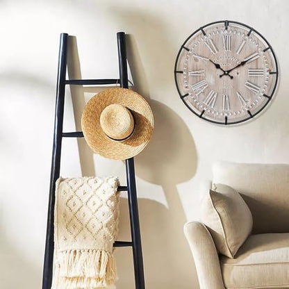 EMAX HOME 12 Inch Farmhouse Wall Clock Rustic Antique Wood with Metal Circle and Large Engraved Numerals, Silent Battery Operated Wall Clock for Office Kitchen Bedroom Living Room - color: Brown, size: 12 Inch Roman numerals