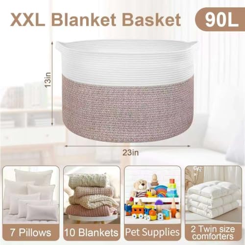 90L Large Blanket Basket Storage with Handles - White & Brown - color: Brown & White, size: 90L