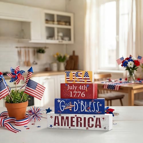 Smile 4th of July 250th Anniversary Wooden Block Stack with USA Decor, 4-Piece Patriotic Tiered Tray Decor for Independence Day & Memorial Day - style: 250