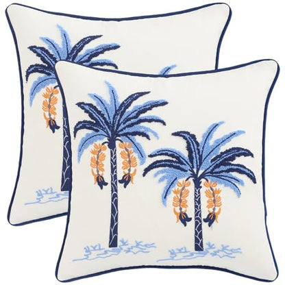 Embroidered Throw Pillow Covers 18x18 Pack of 2 Blue Palm Tree - color: Blue Palm Tree