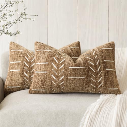Foindtower Set of 2 Decorative Chenille Jacquard Throw Pillow Covers Textured Farmhouse Lumbar Cushion Covers Neutral Boho Accent Home Decor for Sofa Chair Couch Bedroom Living Room,12×20 Inch,Bronze - color: Sudan Brown, size: 20" x 12" (Pack of 2)