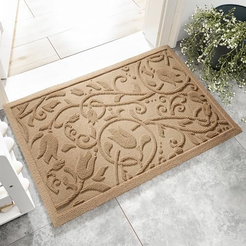 Boho Beige Floral Leaves Outdoor Indoor Entrance Doormats, Absorbent Durable Heavy Duty Welcome Front Door Mat,Thick Natural Rubber Back,Easy Clean Entryway Mat 17x30 Inch, Low Profile - color: Tulip-beige, size: 1'5" x 2'6" (Rectangular)