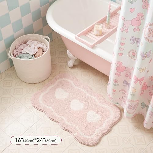 GRANNY SAYS Pink Bathroom Rug, 16" x 24", Cute Scalloped Bath Mat - color: Pink Heart, size: 1'4" x 2' (24" x 16")