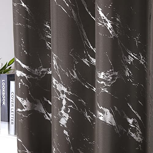 Taisier Home Silver Foil Print Linen Textured Curtains Geometric Marble Pattern Design Curtains for Nursery Light Filtering Window Treatment 2 Panels 63" L,Dark Grey and Silver Print - color: Dark Grey/Silver, size: 52"W x 63"L (Pack of 2)