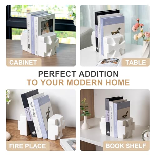 Decorative Square Marble Bookends for Heavy Books – Unique Book Ends for Shelves – Modern Aesthetic Book Holder/Stopper with Non-Slip Pads for Chic Home, Office, or Library Decor, White - style: Square-White