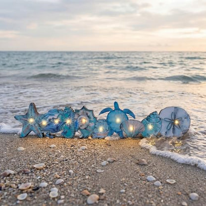 Yousoontic Summer Ocean Table Decorations with LED Lights, 3D Coastal Wooden Centerpieces for Tables, Nautical Starfish Turtles Beach Table Decor for Home Mantel Desk, Summer Party Decorations - style: Ocean