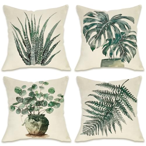Fahrendom Tropical Plant Decorative Throw Pillow Covers 18x18 Set of 4 - color: Ferns
