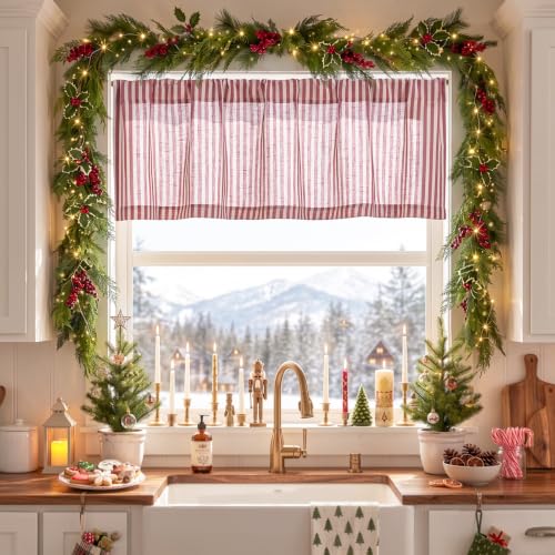 jinchan Linen Boxter Stripe Valances for Window 16 inch, Xmas Red, 1 Panel - color: Boxter Stripe | Xmas Red on Linen, size: 50"W x 16"L (Pack of 1)