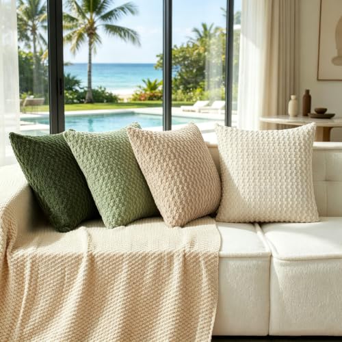 ZONYO Throw Pillow Covers 18x18 Set of 4, Soft Bubble Texture Corduroy Decorative Pillows, Fade Resistant Washable Sage Green Cushion Covers for Couch Sofa Bed, Boho Farmhouse Living Room Decor - color: Green Beige
