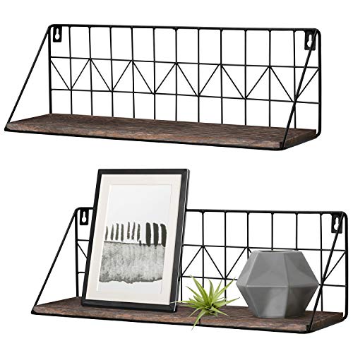 Mkono Floating Shelves Wall Mounted Set of 2 Rustic Wood Storage Display Shelf with Metal Wire Basket, Hanging Shelf for College Drom Bedroom Bathroom Living Room Kitchen Office, Brown,Medium - size: Medium