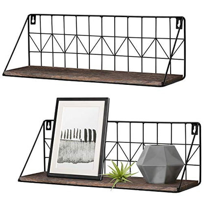 Mkono Floating Shelves Wall Mounted Set of 2 Rustic Wood Storage Display Shelf with Metal Wire Basket, Hanging Shelf for College Drom Bedroom Bathroom Living Room Kitchen Office, Brown,Medium - size: Medium