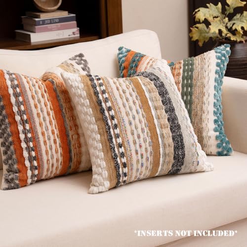 Boho Chenille Tufted Throw Pillow Covers 18x18 Inch Set of 2 Farmhouse Brown Woven Striped Decorative Pillowcases for Couch Sofa Bed - color: Brown