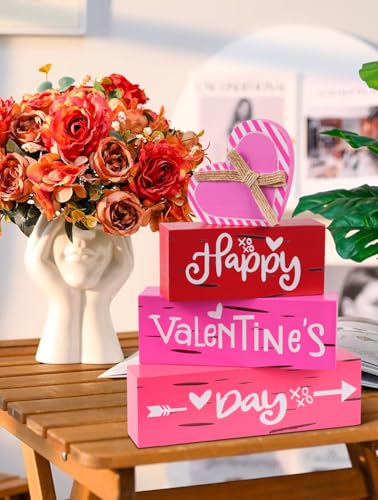 Valentine’s Day Wooden Sign, Happy Valentine Table Decor for Mantle, Farmhouse Rustic Tiered Tray Home Shelf Decorations - size: valentines day