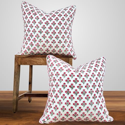 ATOSII Cotton Blockprint Throw Pillow Cover, Gulbahar Pink, 2 Pcs, 20 X 20 - color: Gulbahar, size: 20" x 20" (Pack of 2)