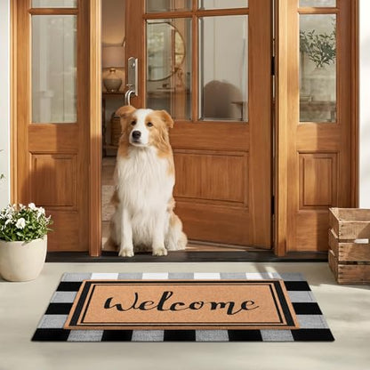 2-Piece Layered Welcome Mat Set - Coir Doormat & Buffalo Plaid Rug - color: Welcome 1