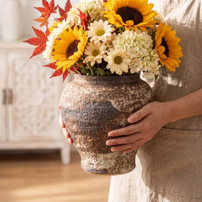 Rustic Farmhouse Ceramic Vase Home Decor (Brown and White, Small) - color: Brown and White