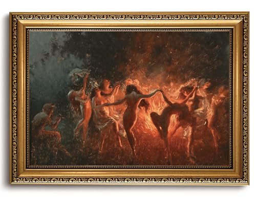LHHJDIO Vintage Gold Framed Wall Art Gothic Canvas Art Dark Academia Art Prints Fire Dance Pictures Wall Decor Fantasy Demonic Ritual Artwork for Living Room Game Room - color: Dark-11, size: 24"L x 16"W