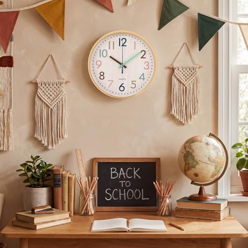 Qunclay Boho Classroom Wall Clock Colorful Fun 8 Inch Silent Non-Ticking