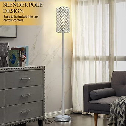 GyroVu Crystal Floor Lamp, Elegant Standing Lamp Modern Floor Lamp Silver Finish Tall Pole Lamp Accent Light with On/Off Foot Switch for Living Room, Girl Bedroom, Dresser, Office - color: Silver