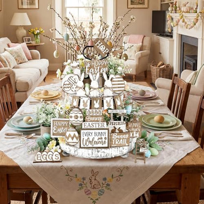 24 Pcs Easter Tiered Tray Decoration Set Easter Table Sign Farmhouse Bunny Eggs Rabbit Carrot Tabletop Centerpieces Spring Wood Blocks Signs for Spring Home Kitchen Office Holiday Party Supplies - style: Easter