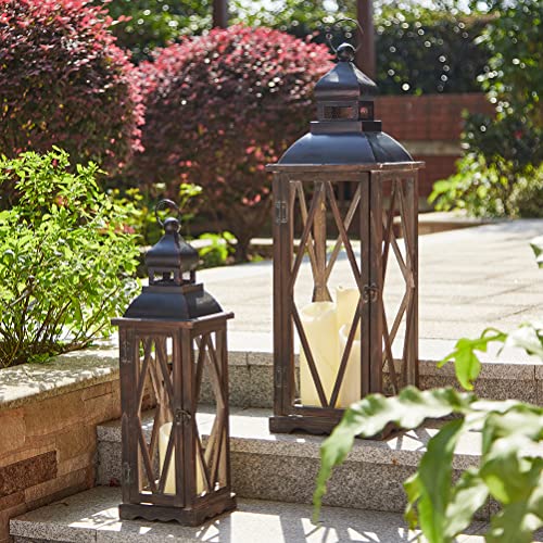 Glitzhome Farmhouse Lanterns Decorative Indoor, 2 Pack Wood/Metal Decorative Candle Lanterns, Vintage Lantern Decor Large Floor Lanterns for Home Decor, Brown (No Glass) - color: Diamond Black