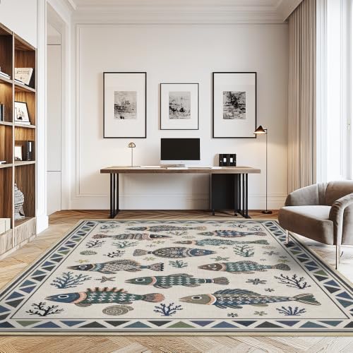 9x12 Fish Ocean Area Rug for Living Room Coastal Rugs Low Pile Non Slip - color: Fish, size: 9'x12' (Rectangular)