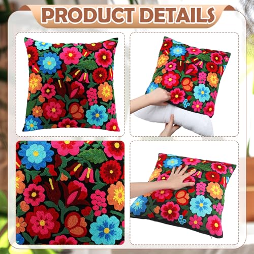 HunnmingRe Mexican Embroidered Flower Throw Pillow with Insert, Black - color: Black