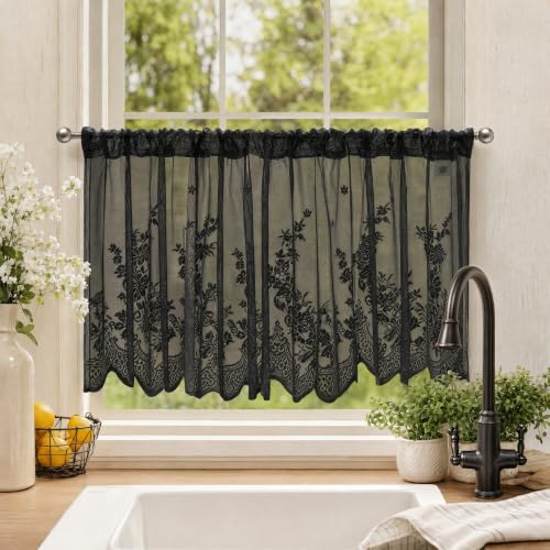 Molaxhome Kitchen Curtains Valance Black Lace Floral Semi Sheer Curtain - color: Black, size: 54"W x 24"L (Pack of 1)