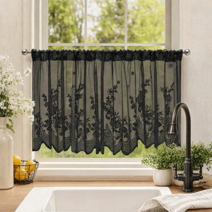 Molaxhome Kitchen Curtains Valance Black Lace Floral Semi Sheer Curtain - color: Black, size: 54"W x 24"L (Pack of 1)