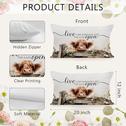 Highland Cow Farmhouse Throw Pillow Covers 12x20, Rustic Cow Decor Decorative Lumbar Pillow Cover Cases, Live Like Someone Left The Gate Open Decor Cushion Cover Pillowcases for Living Room