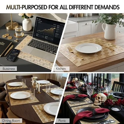 Quantum Love Geometric Gold PVC Placemats Set of 6 Heat Resistant Non-Slip Washable Dinning Kitchen Table Mats, Wipeable Square Cube Place Mats for Party Events Restaurant Wedding Home - color: Gold Cube