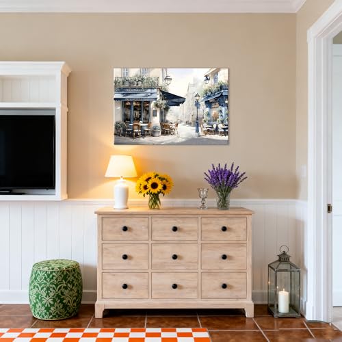 Framed European Street Canvas Art, 24"x16" Modern Cafe Scene - color: Blue 02, size: 24"L x 16"W