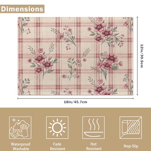 Placemats Set of 6, Cute Flowers Pink Linen Placemats 12x18 Inch, Heat Resistant Table Mats, Washable Non Slip Place Mats for Dining Table Kitchen Home - color: Cute Flowers Pink