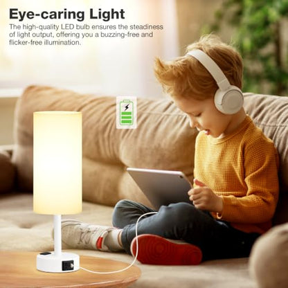 Fenmzee White Bedside Lamp for Bedroom, Dimmable Touch, USB A+C, AC Outlet - color: White - White, size: 14"