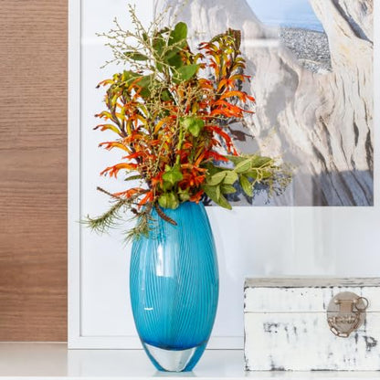 Murano Style Glass Vase Hand Blown Blue Feather Pattern Effect Home Decor - color: Blue