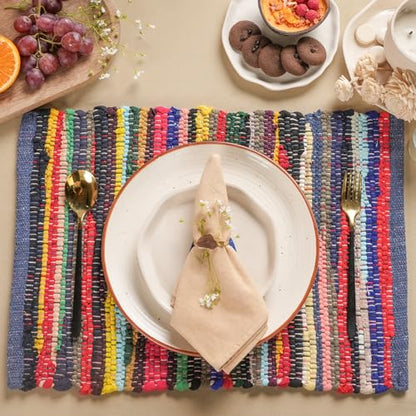 Set of 6 Eco-Friendly Rainbow Multi Chindi Placemats 13 x 19 Inch Pure Cotton Table Mats Woven Kitchen Placemats - color: Multicolor