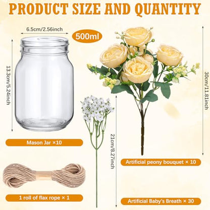 XunYee 10 Set Mason Jars for Centerpieces,Champagne,Peony, Gypsophila - color: Champagne, size: Peony, Gypsophila