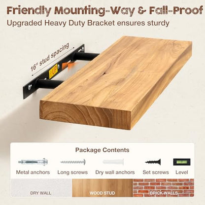 fuqing Floating Shelves for Wall, 20 Inch Rustic Solid Elm Wood Shelves - color: Natural Elm Flat Edge - 6.7"d, size: 20"L - 2Packs