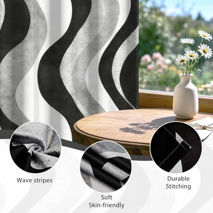 Modern Blackout Curtains 63 Inch Length 2 Panel Set,Black White Gray Wave Striped Abstract Curtains for Bedroom Living Room,Room Darkening Window Drapes with Grommet - color: 02 Black, size: 52"W x 63"L (Pack of 2)