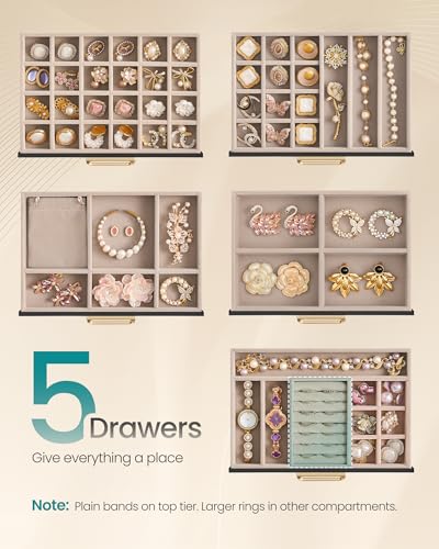 SONGMICS 5-Layer Jewelry Box with Glass Window, 5 Drawers, Golden Handles - color: Black, size: 5-Tier