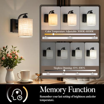 BELS 8 Inch Battery Operated Wall Sconces Set of 2, Farmhouse Black Wall Lights Fixture with Fabric Shade, 3 Colors Temperature, Remote Control, Dimmable, Wall Sconces for Mirror, Bathroom, Bedroom - color: Fabric