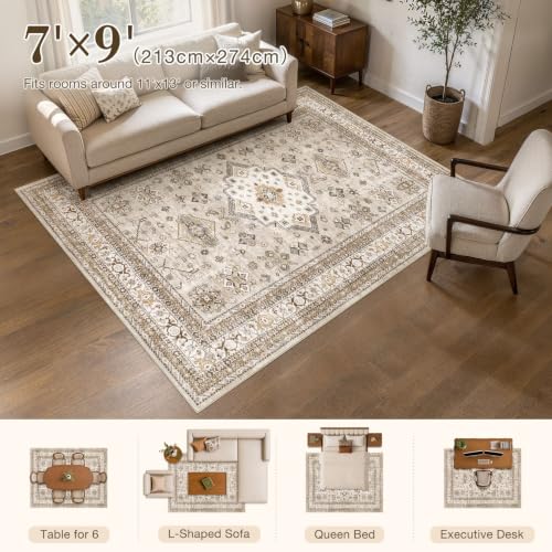 cotiled 7x9 Area Rug for Living Room, Washable, Traditional, Beige - color: Beige, size: 7' x 9' (Rectangular)