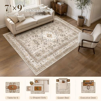 cotiled 7x9 Area Rug for Living Room, Washable, Traditional, Beige - color: Beige, size: 7' x 9' (Rectangular)